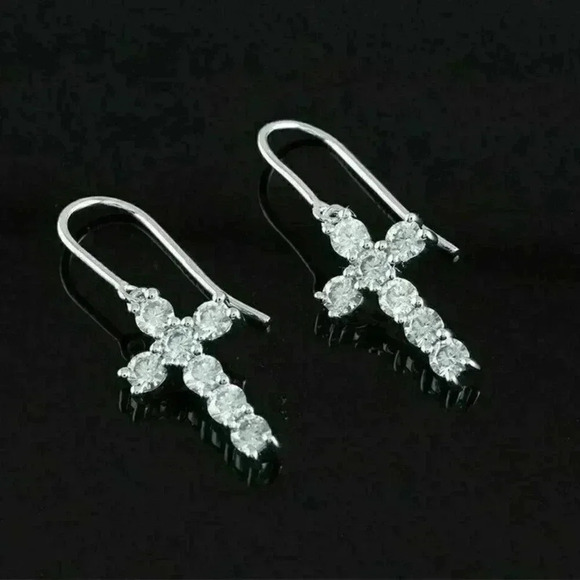 NEW Sterling Silver Diamond Cross Drop Earrings - Picture 1 of 4